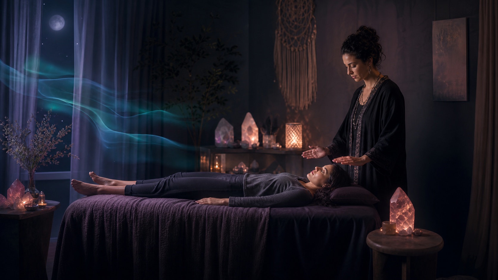 A client resting on a treatment table while a practitioner offers energy healing in a candlelit studio.