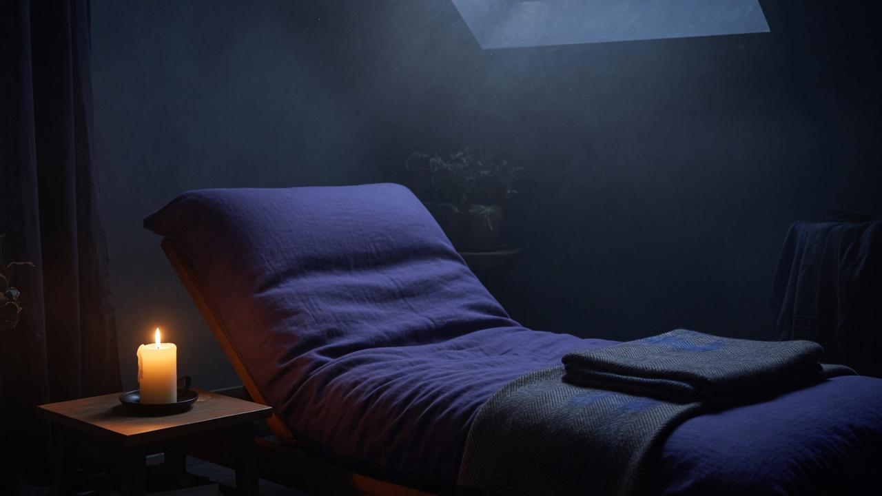 Soft moonlit fabric and a quiet reclining space prepared for hypnotherapy.