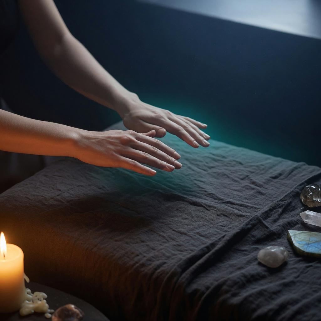 Hands hovering gently above a client during energy healing.