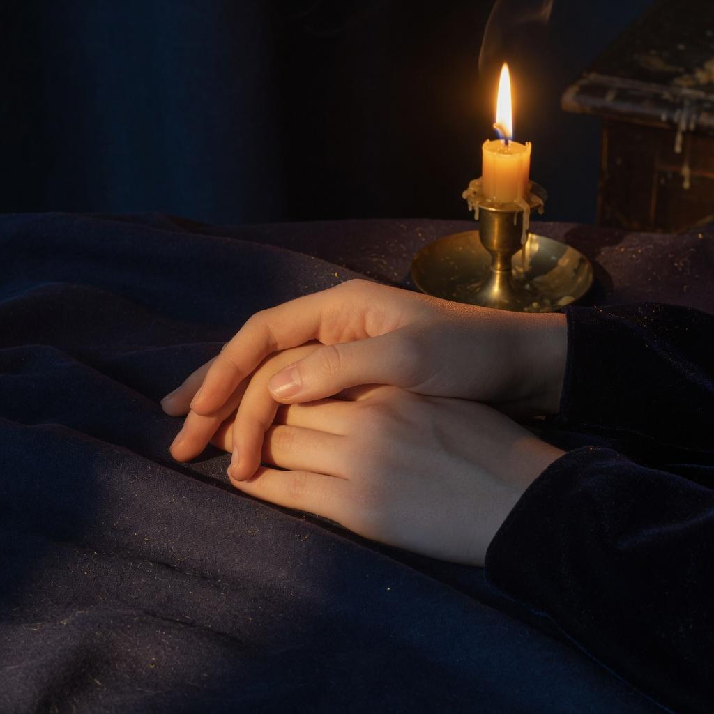 Low candlelight falling across folded hands in a quiet space prepared for shadow integration.