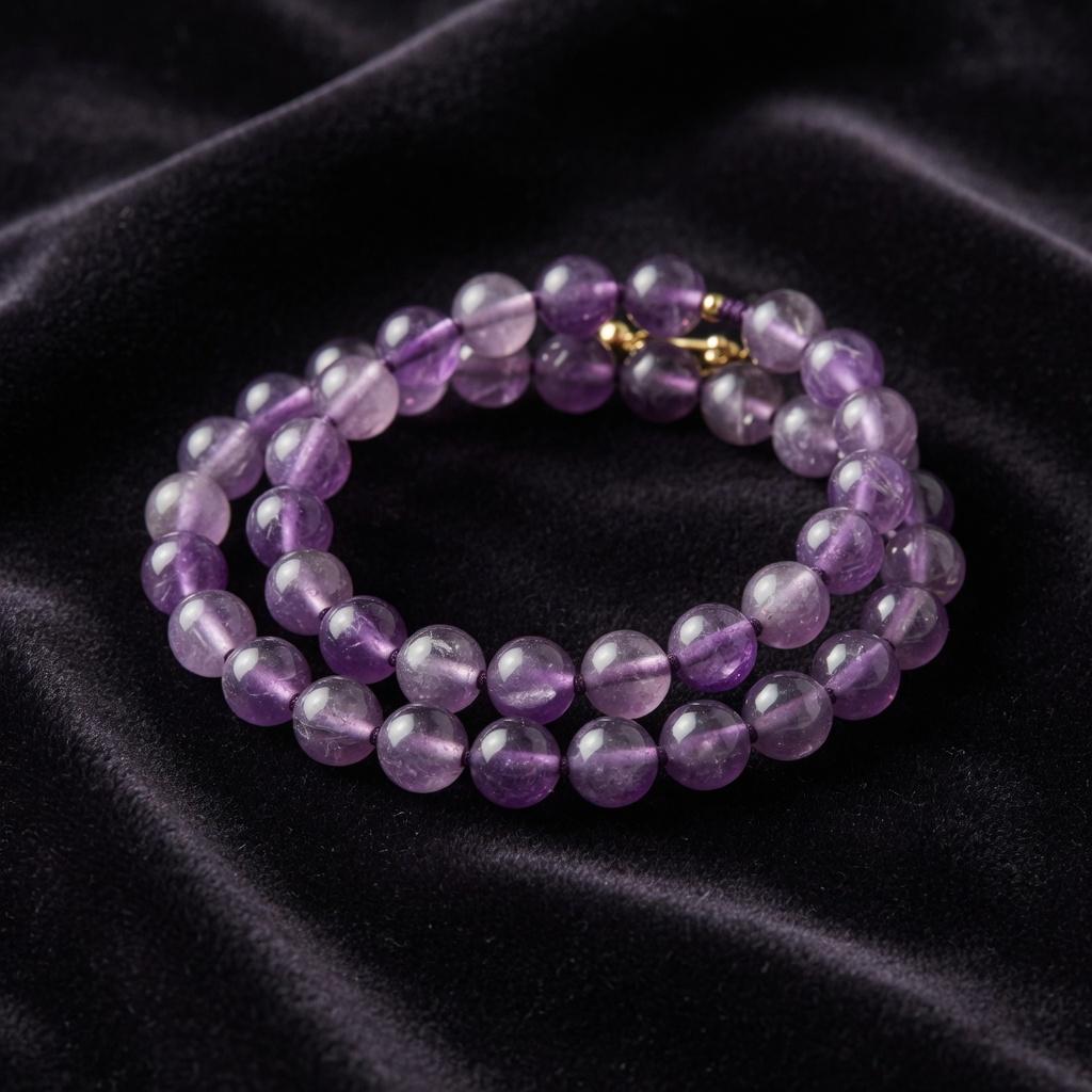 A strung amethyst bead bracelet coiled on fabric.