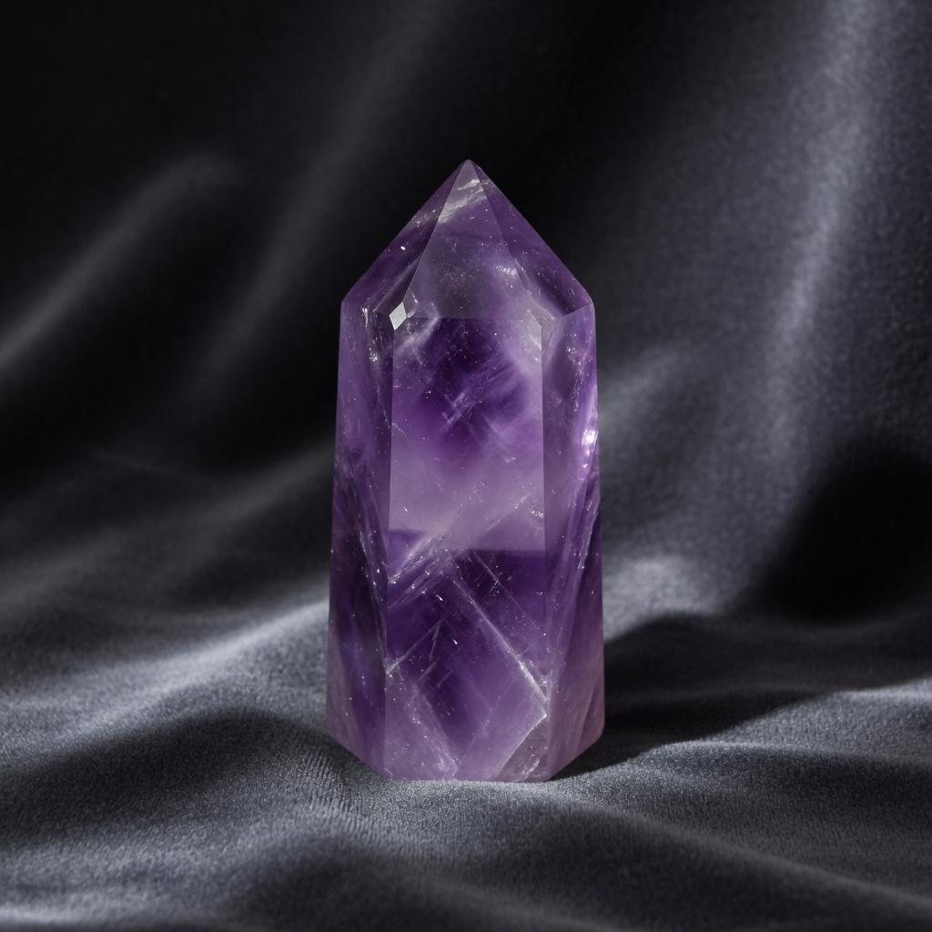 A polished amethyst point resting on dark fabric.