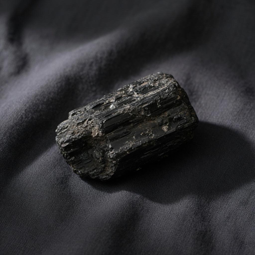 A raw black tourmaline stone on dark linen.