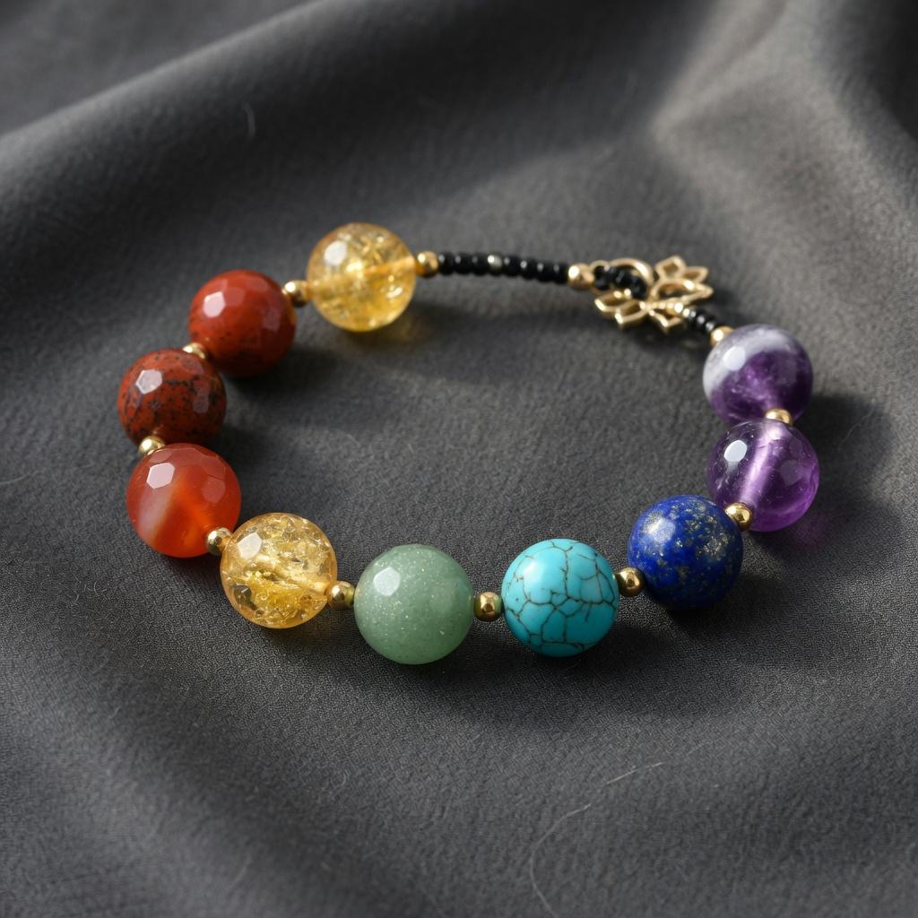 A seven-stone chakra bracelet with varied coloured beads.