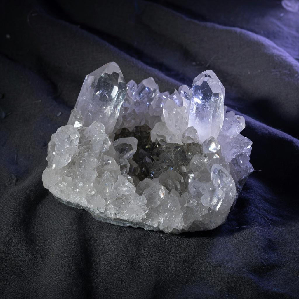 A clear quartz cluster catching low light.