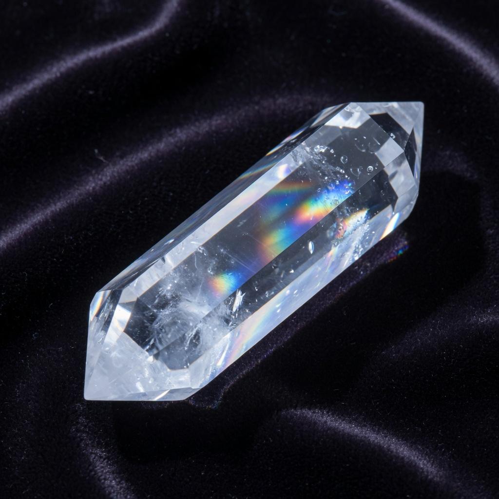 A clear quartz healing wand on dark fabric.
