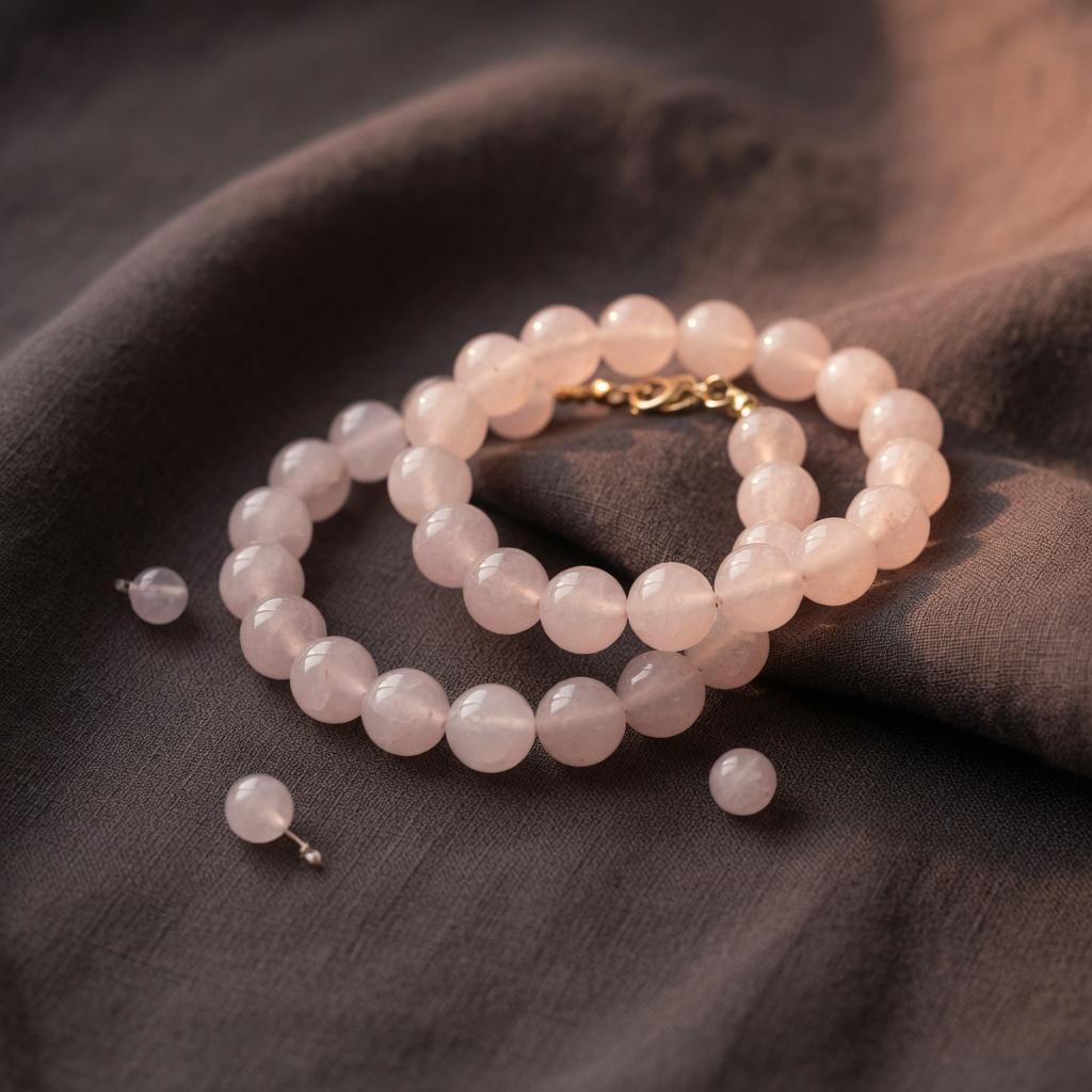 A pale rose quartz bracelet resting on linen.