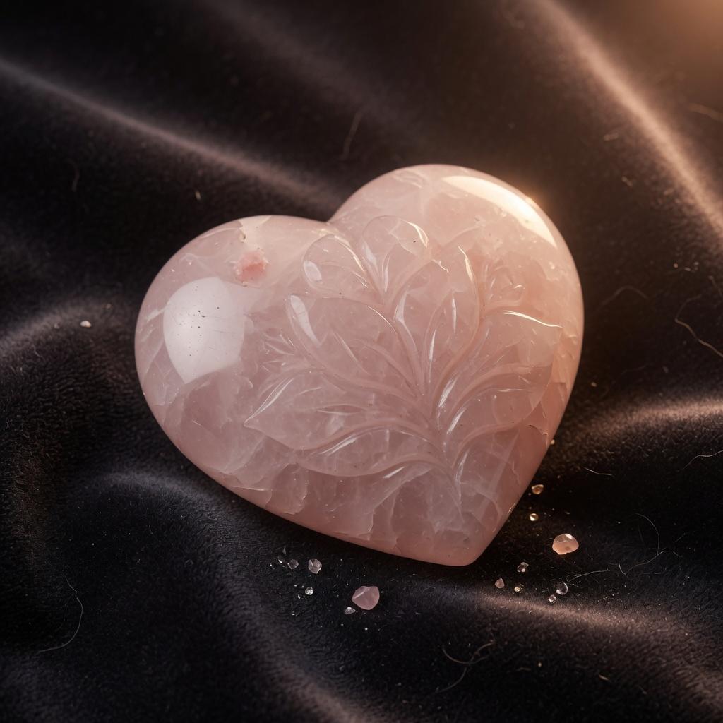 A carved rose quartz heart in soft candlelight.