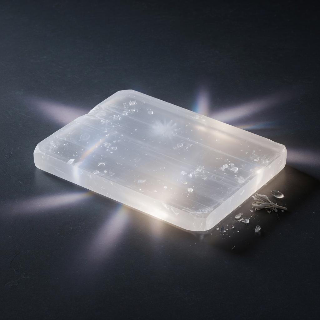 A translucent selenite slab glowing faintly.