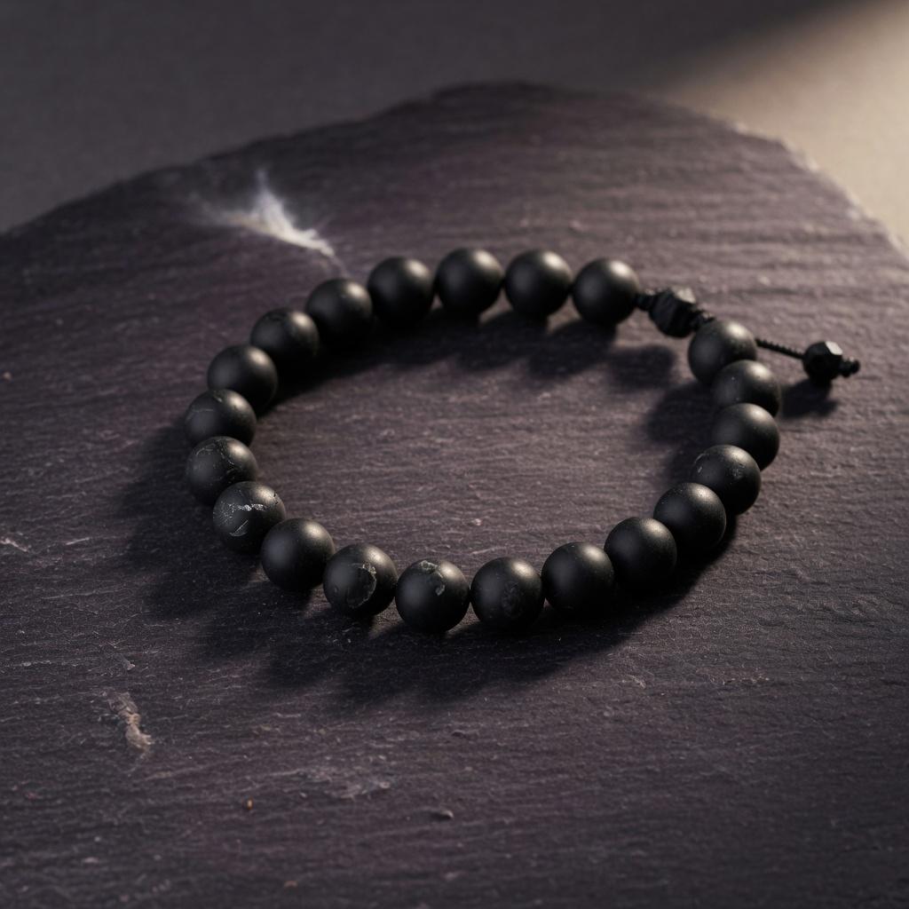 A black tourmaline bead bracelet on dark stone.