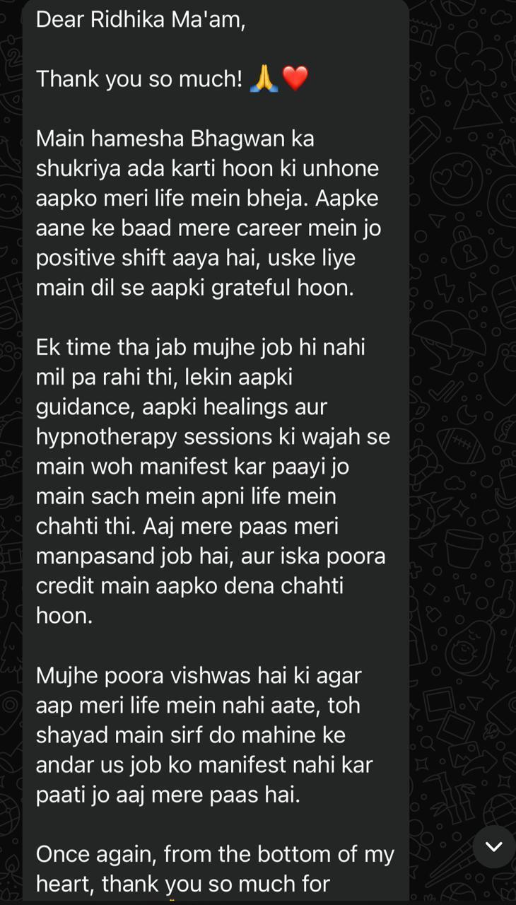 WhatsApp message thanking Ridhika for guidance, healing and hypnotherapy support during a positive career change.