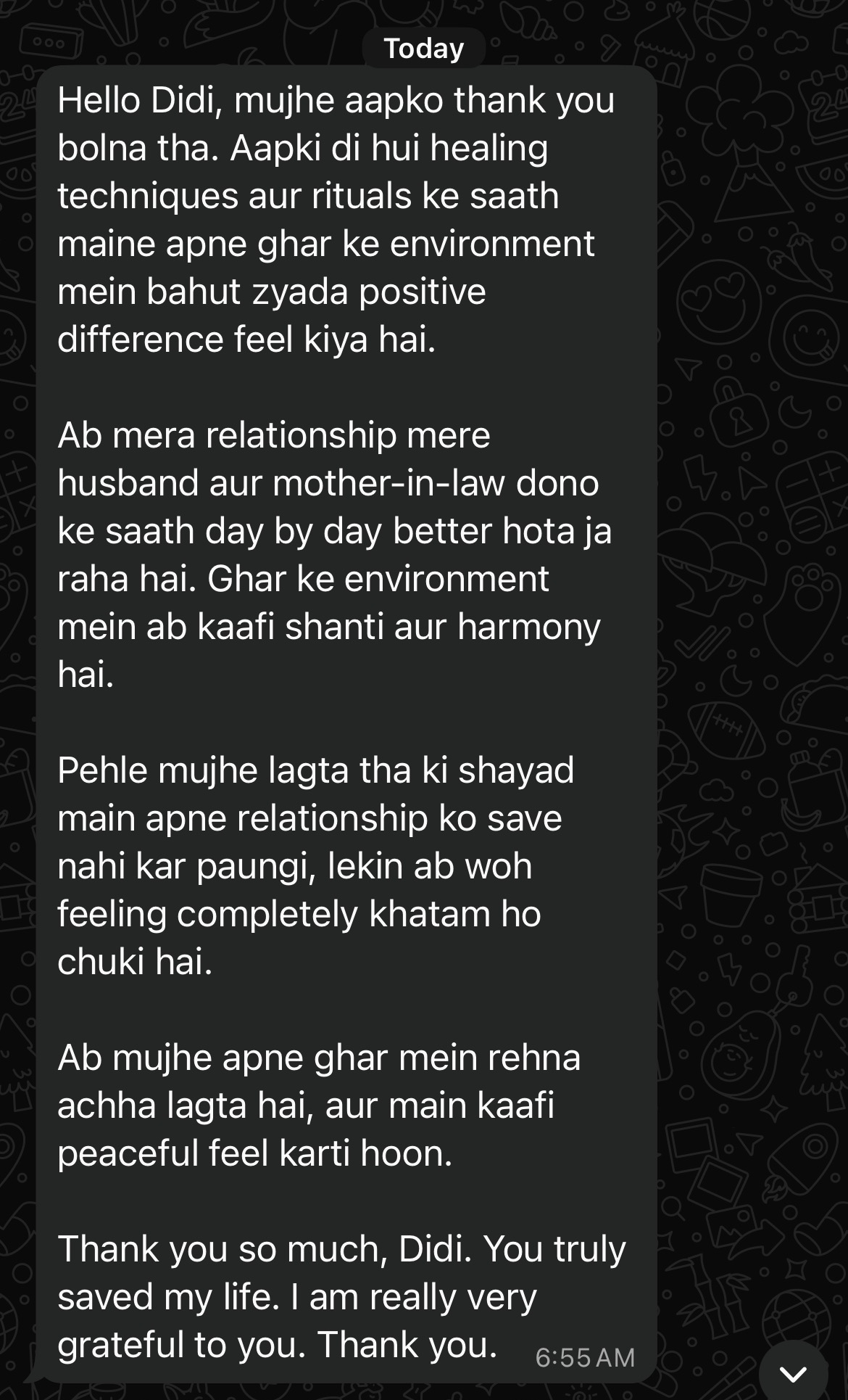 WhatsApp message describing a more peaceful home and improving family relationships after healing guidance.