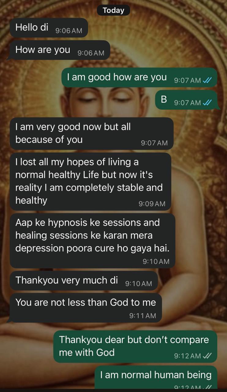 WhatsApp message describing feeling stable and healthy after hypnosis and healing sessions.