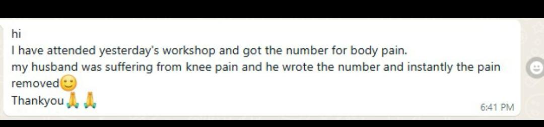 WhatsApp workshop feedback describing relief from knee pain.