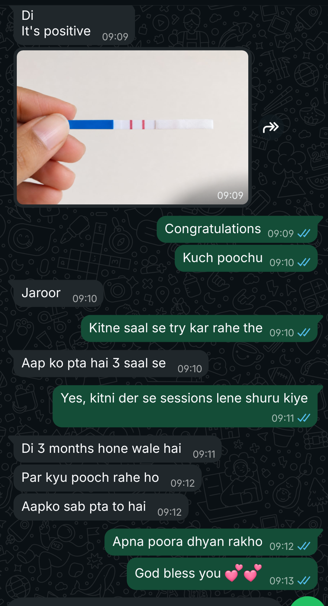 WhatsApp conversation sharing a positive pregnancy test after three months of sessions.