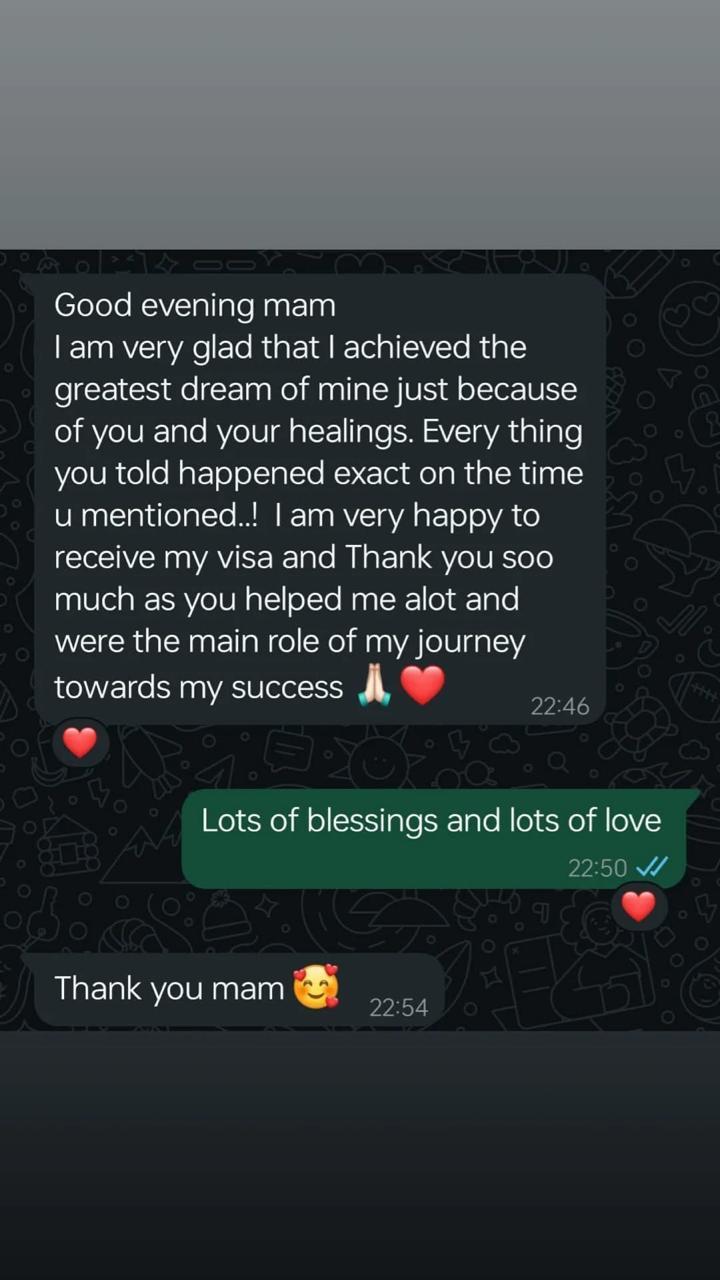 WhatsApp message thanking Ridhika after receiving a visa and achieving a personal goal.