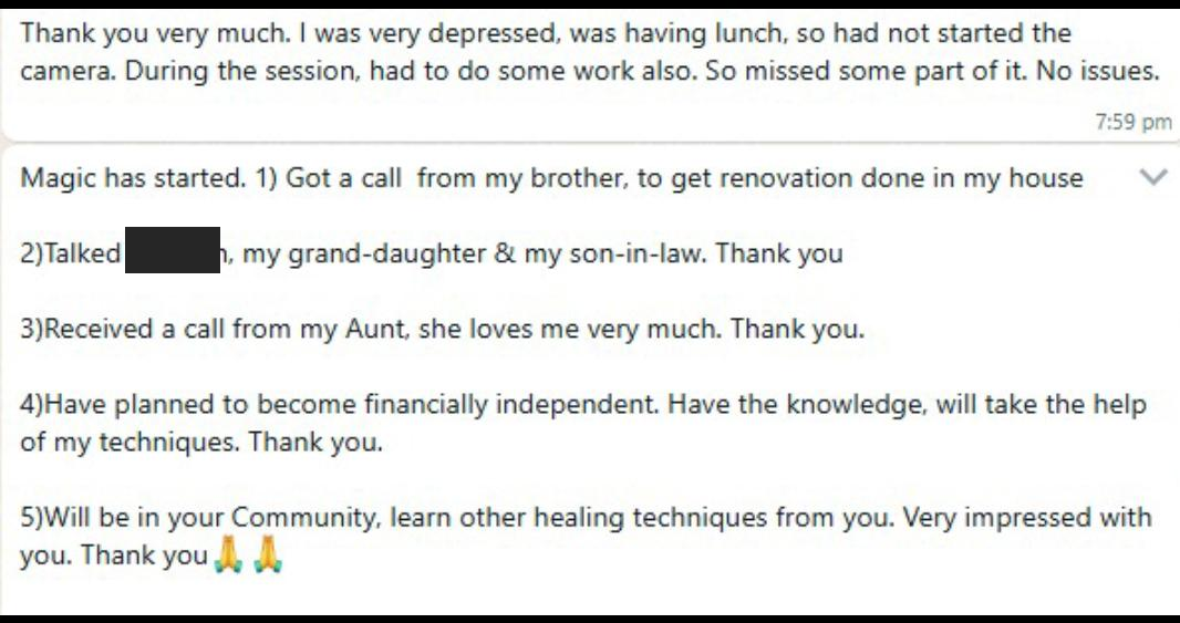 WhatsApp message listing positive personal changes after attending a session.